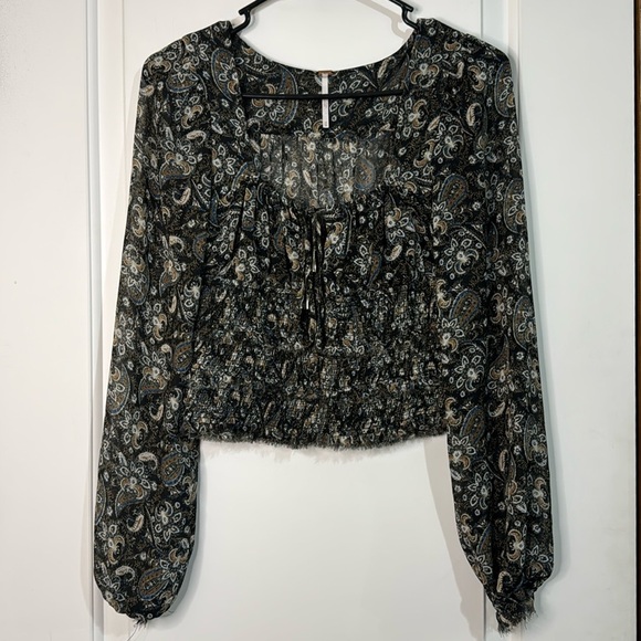 Free People Tops - Free People Santiago Bohemian Sheer Paisley Long Frayed Sleeve Blouse XS Women